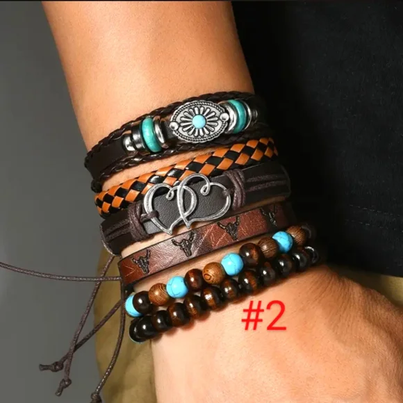 6 Pc Western Bracelet Boho Rodeo Turquoise Men Women Retro PU Leather Bracelets - Picture 6 of 13